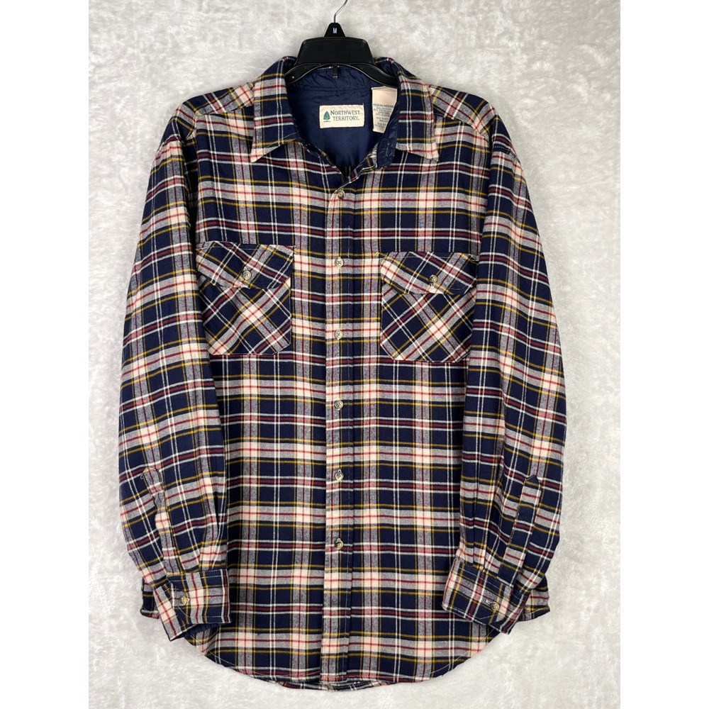 Mens Vintage Flannel Button Down Shirt Plaid Medium Northwest Territory Navy Red